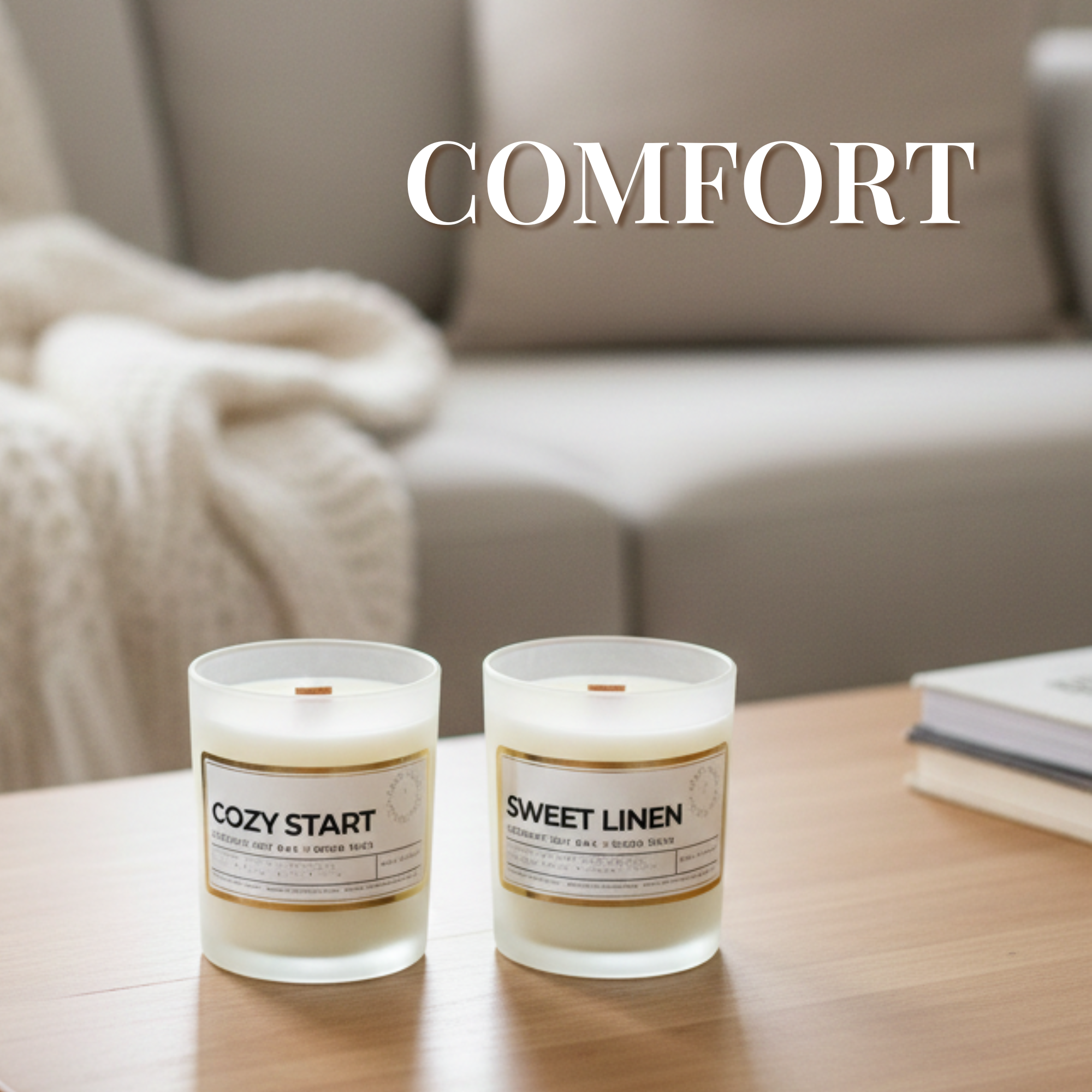 Cozy start and sweet linen candle sitting on a wooden table