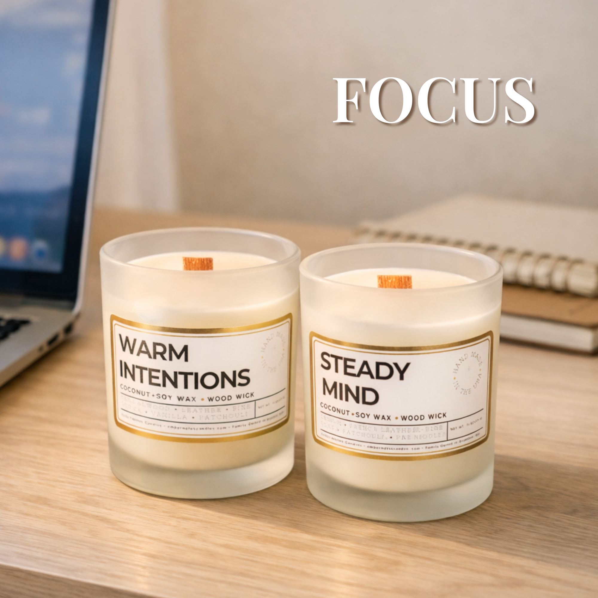 warm intentions and steady mind candle sitting on a tabel