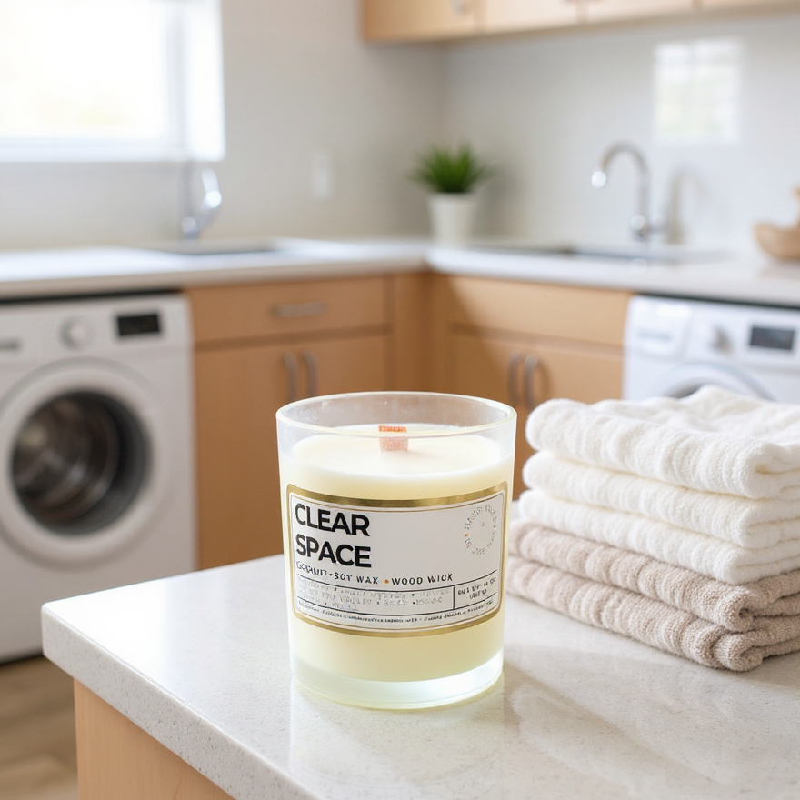 Clear space candle on a laundry room counter 