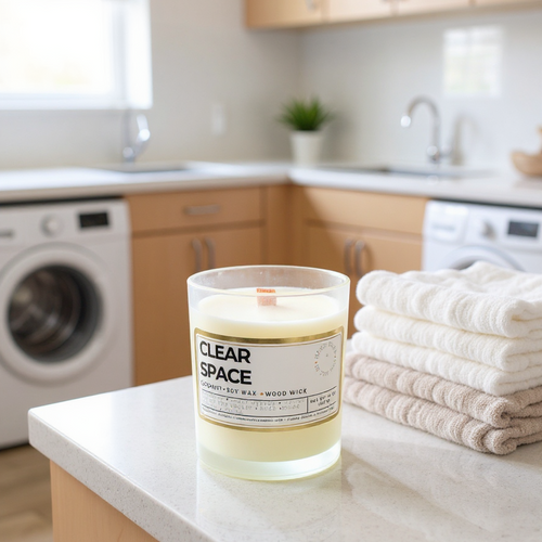 Clear space candle on a laundry room counter 