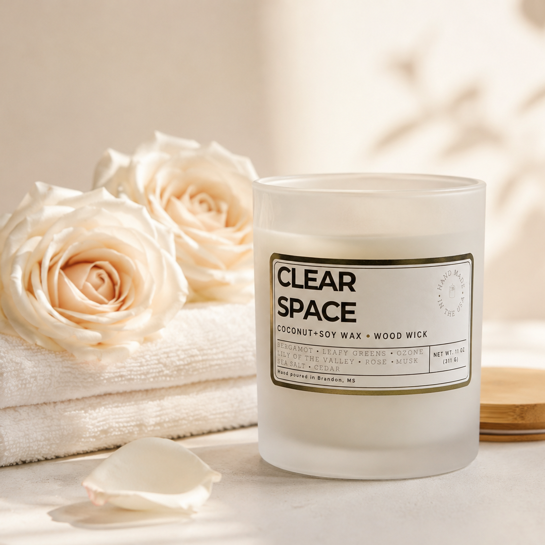 Candle named clesr Space with whote towels and roses in the background 