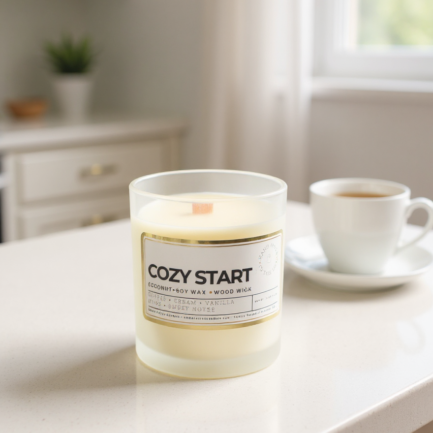 A candle with a label that says cozy start