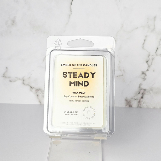 Ember Notes Candles Steady Mind wax melt packaging on a marble background