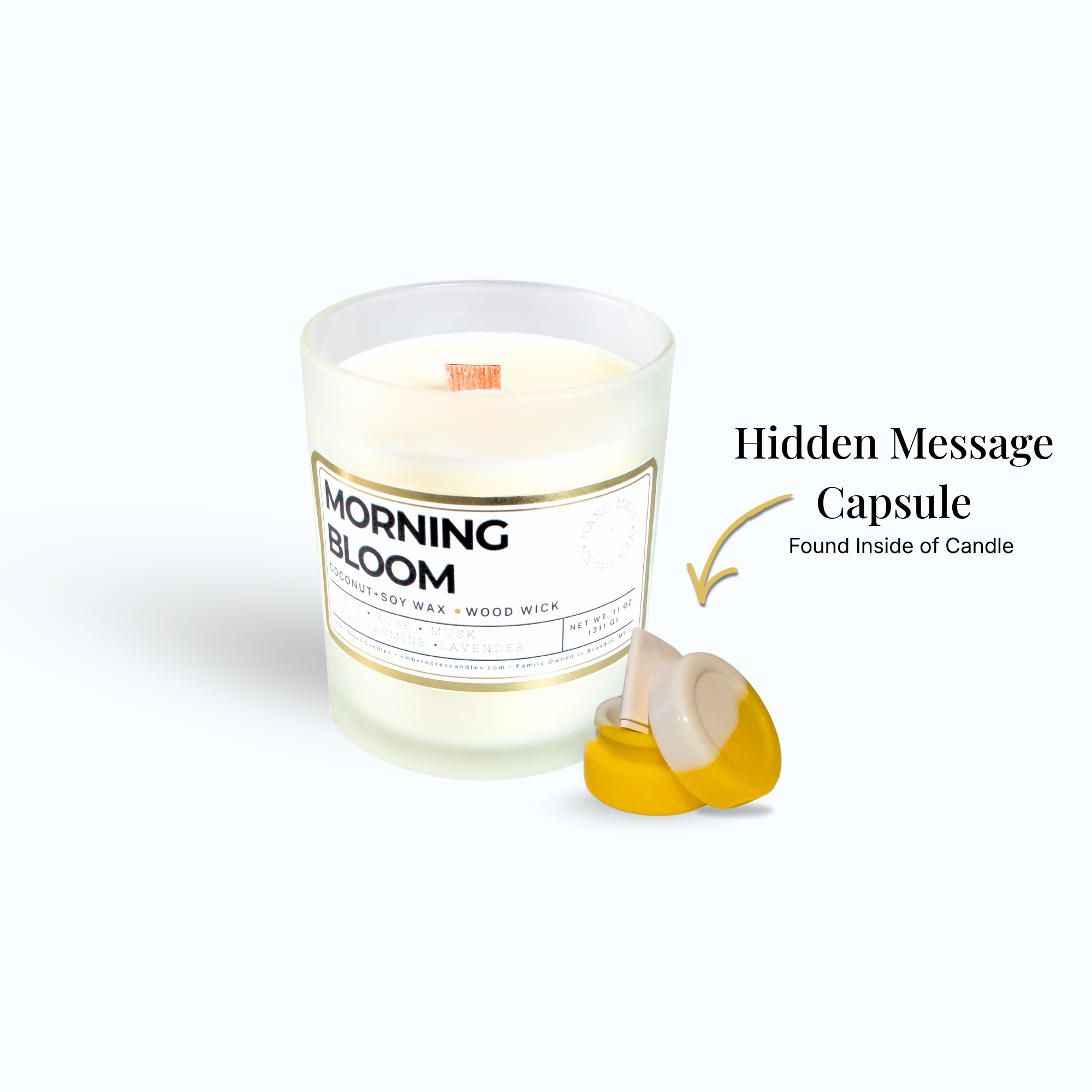 A candle with a label that says Morning Bloom