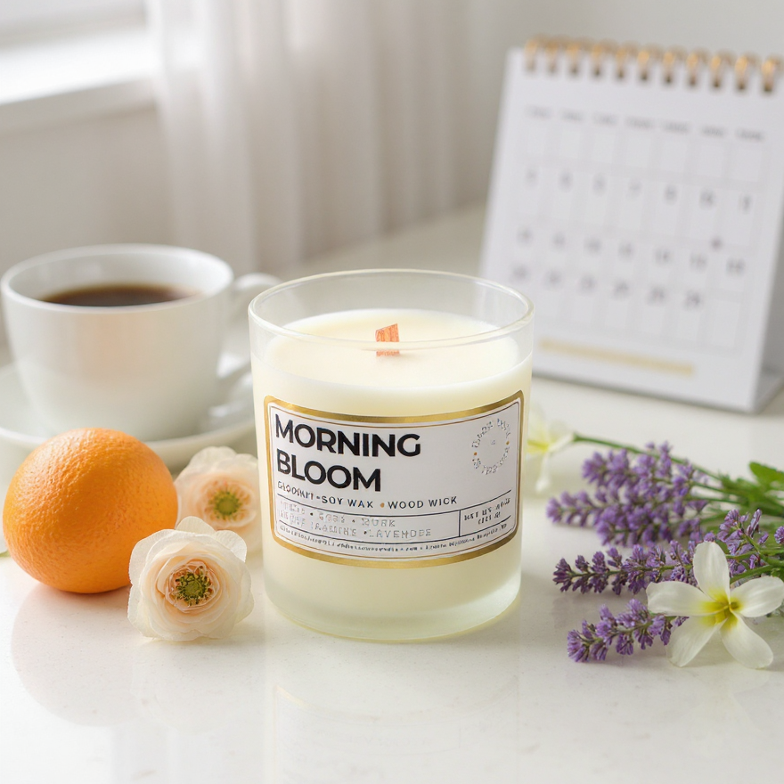 A candle with a label that says Morning Bloom