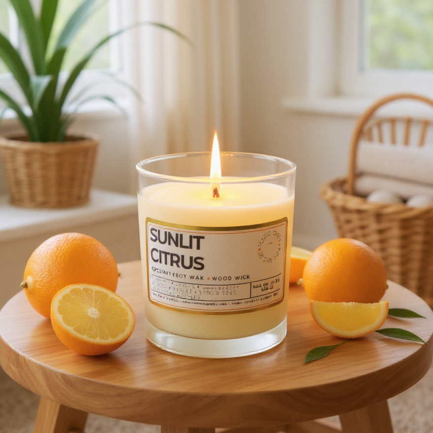 Candle with Sunlit citrus on the label 