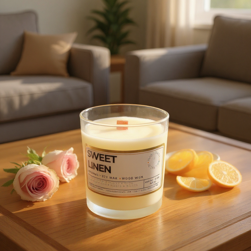 Candle with Sweet linen label on the front