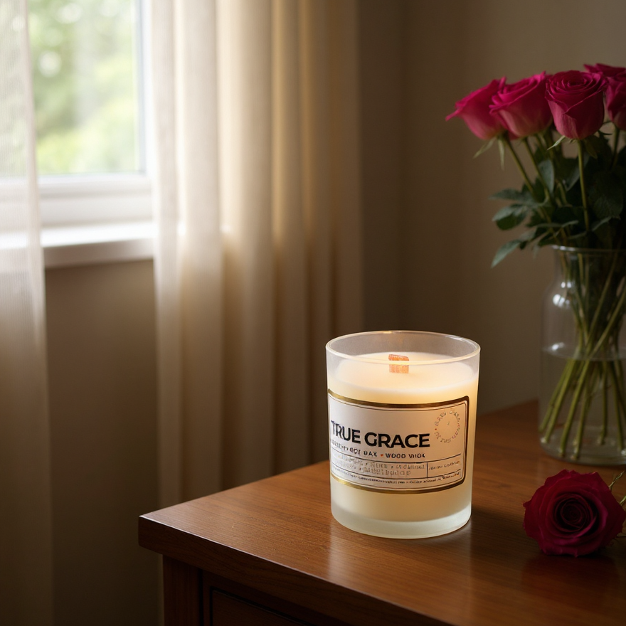 A candle with a label that says True Grace