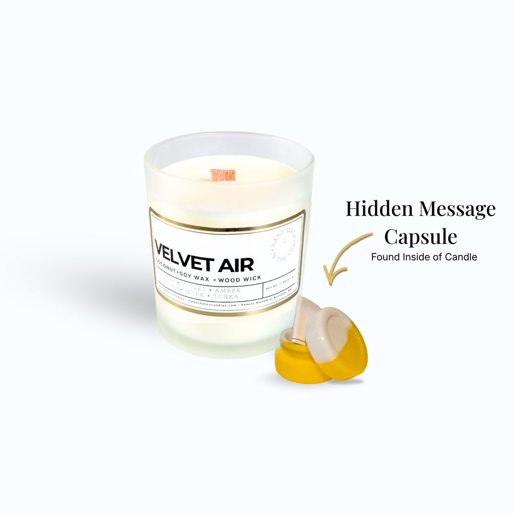 velvet air candle with example of the hidden message capsule next to it