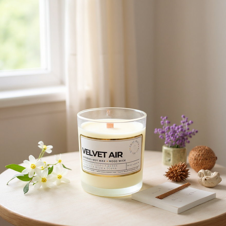velvet air candle sitting on wood table with flowers around it