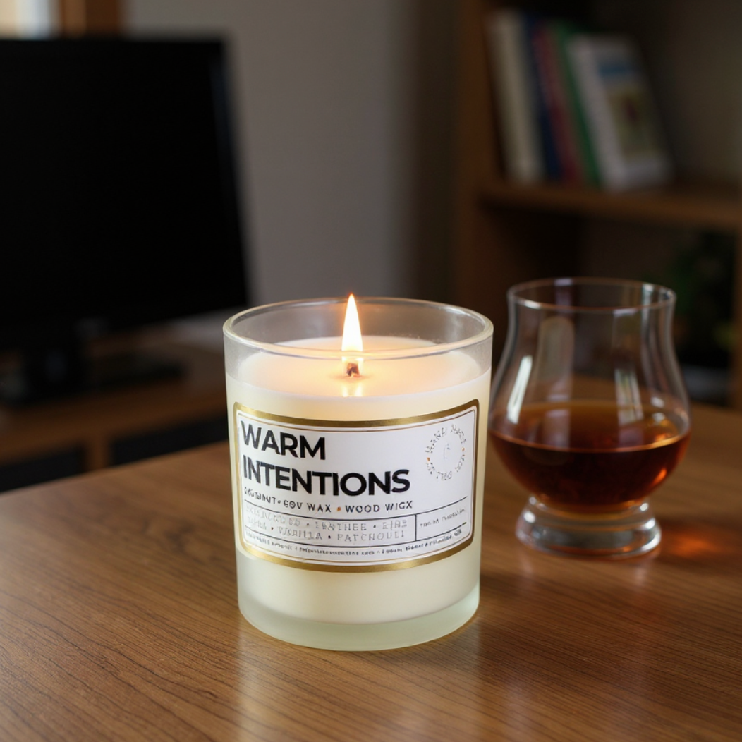 A candle with a label that says Warm Intentions